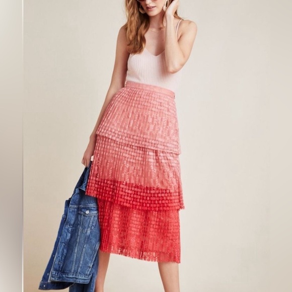 Anthropologie Maeve Brighton Coral Pink Ombré Tiered Lace Midi Skirt - Picture 7 of 9